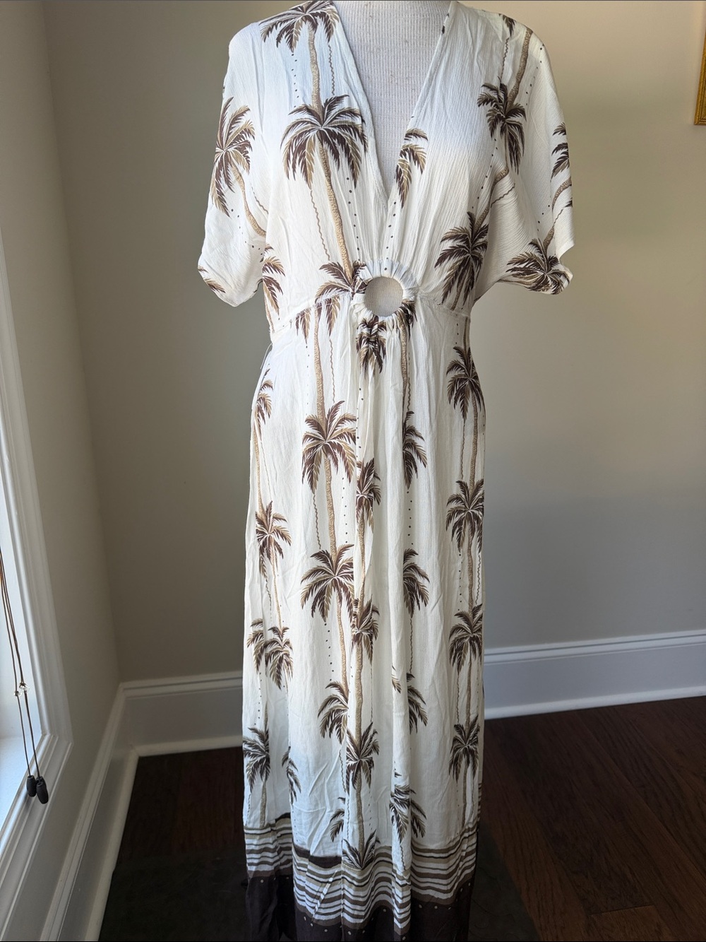 Surf Gypsy Cream Maxi Dress with Brown Palm Print and Ring Detail